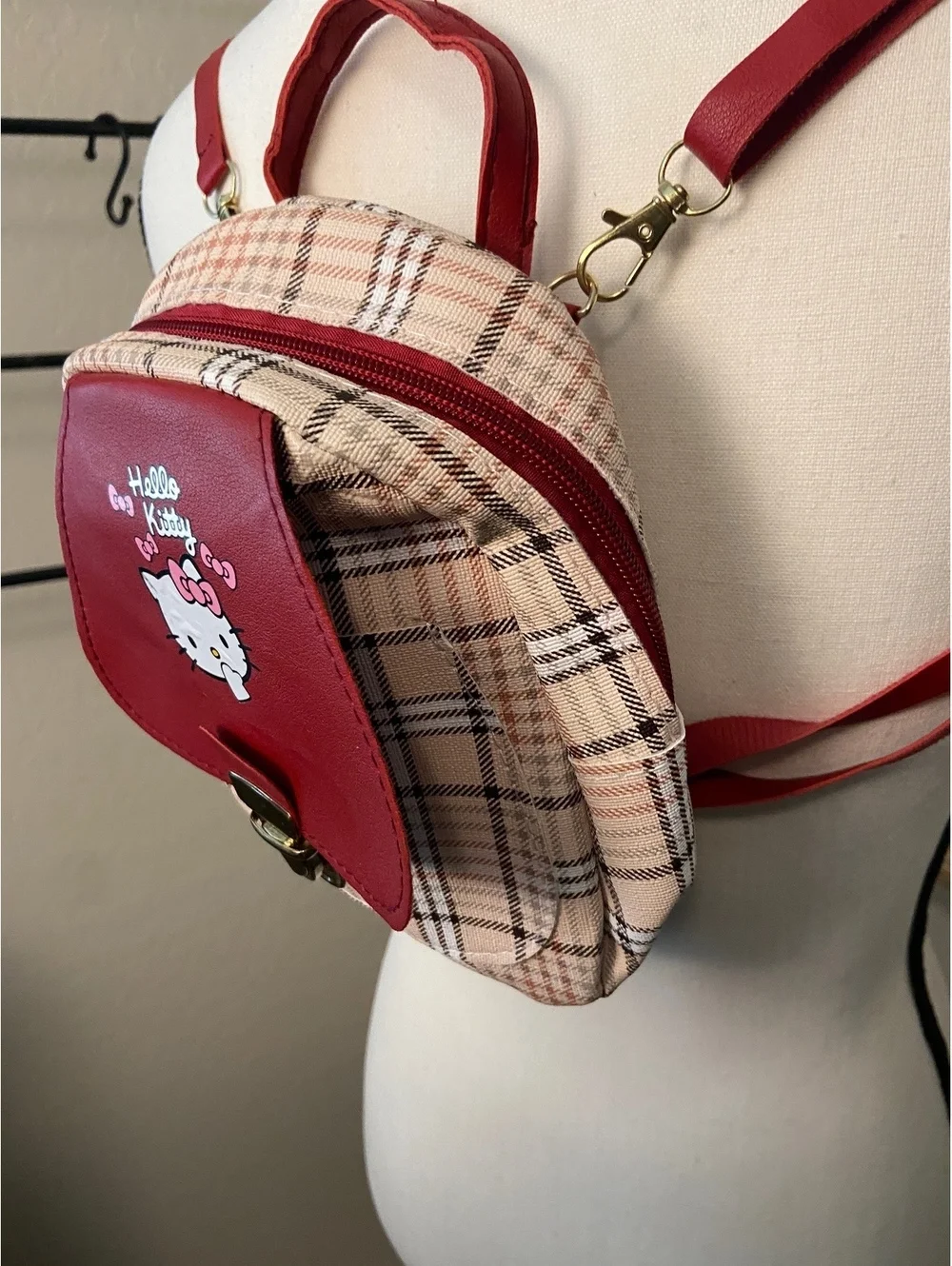Hello Kitty Mini Backpack Plaid Red Faux Leather Accent Y2k